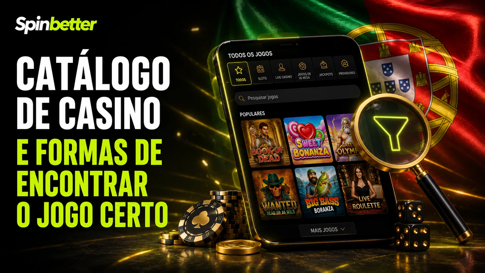Catálogo de casino com os filtros de categoria e fornecedor